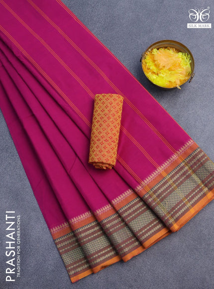 10 Yards chettinad cotton saree magenta pink and mustard shade with plain body and thread woven border & woven blouse