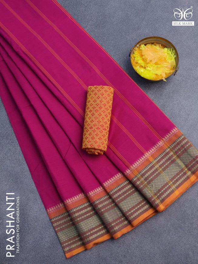 10 Yards chettinad cotton saree magenta pink and mustard shade with plain body and thread woven border & woven blouse