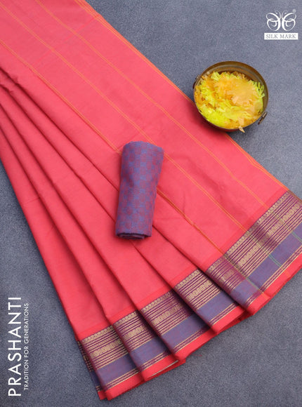 10 Yards chettinad cotton saree peach pink with plain body and zari woven border & woven blouse