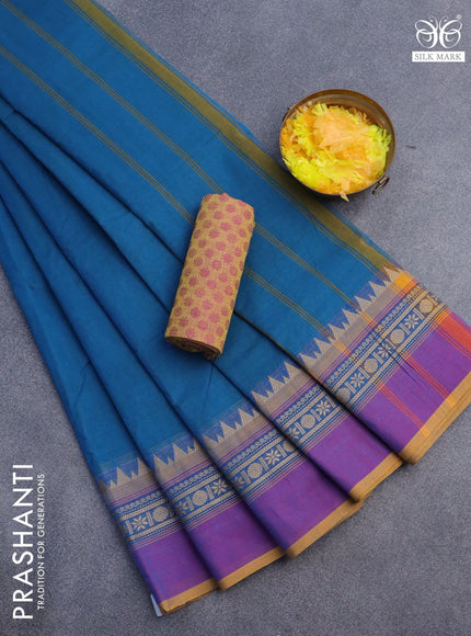 10 Yards chettinad cotton saree peacock blue and purple mustard with plain body and thread woven simple border & woven blouse