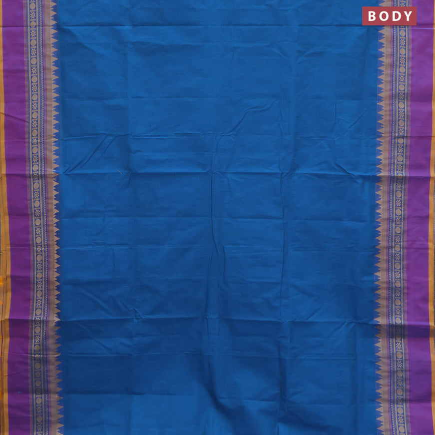 10 Yards chettinad cotton saree peacock blue and purple mustard with plain body and thread woven simple border & woven blouse