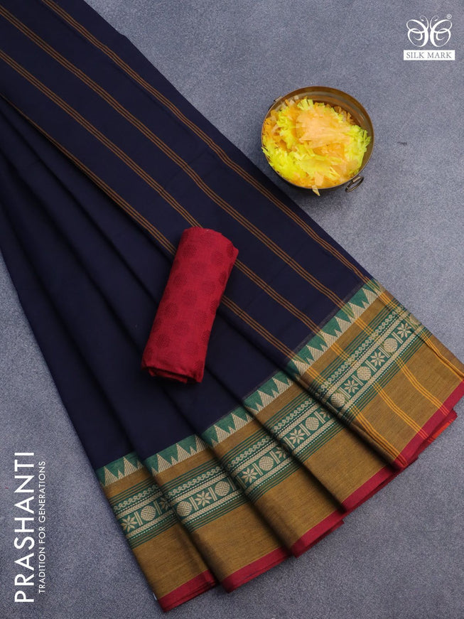 10 Yards chettinad cotton saree dark navy blue and maroon with plain body and thread woven simple border & woven blouse