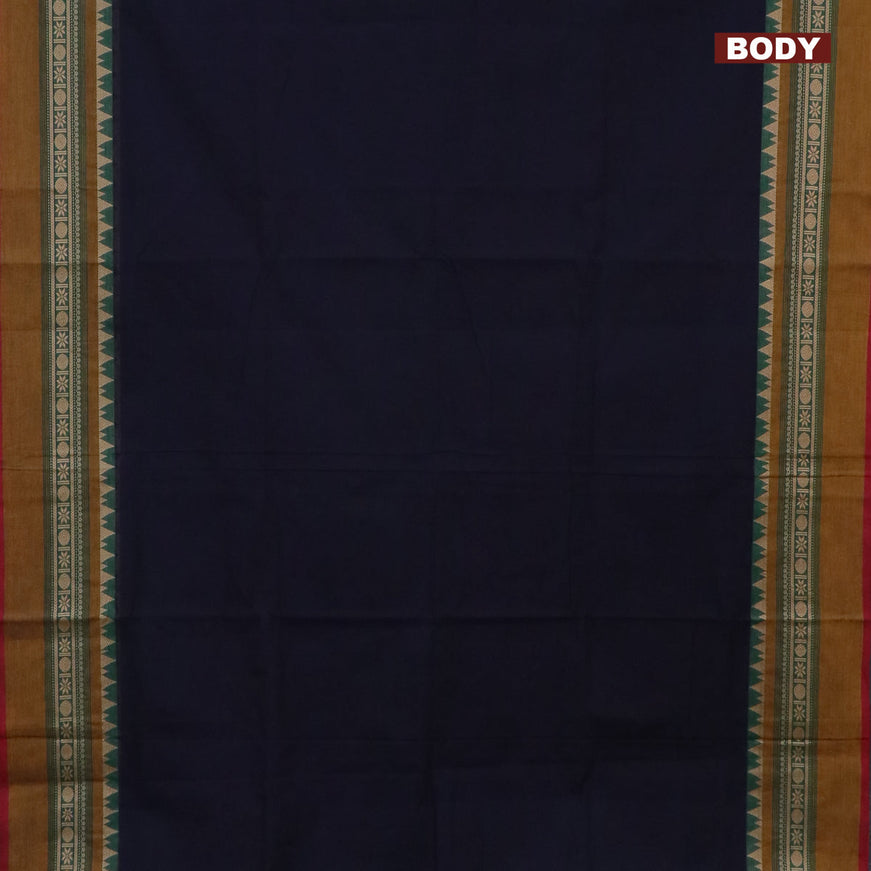 10 Yards chettinad cotton saree dark navy blue and maroon with plain body and thread woven simple border & woven blouse