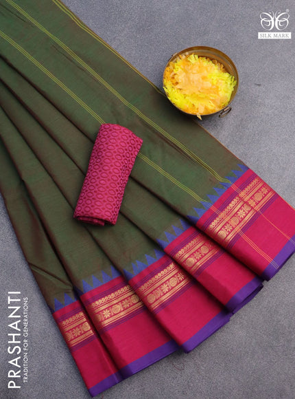 10 Yards chettinad cotton saree manthulir green and pink with plain body and thread woven simple border & woven blouse