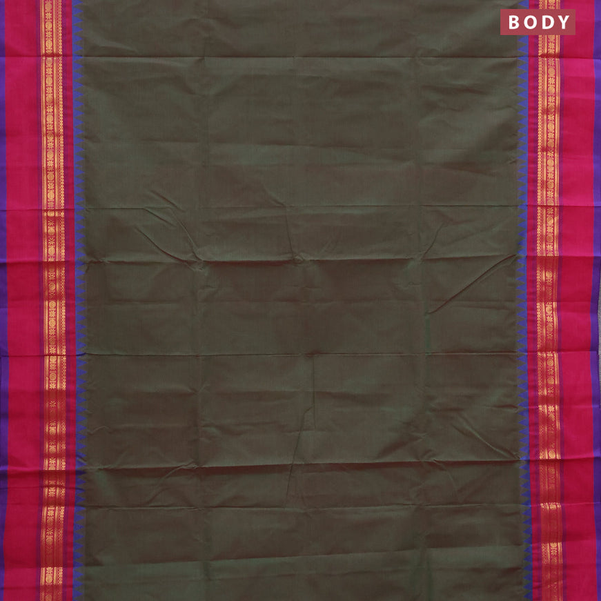 10 Yards chettinad cotton saree manthulir green and pink with plain body and thread woven simple border & woven blouse