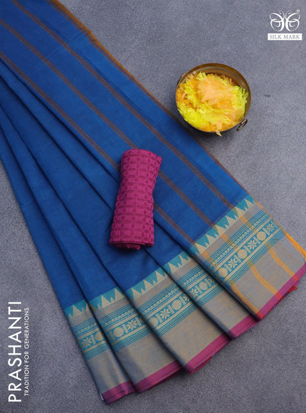 10 Yards chettinad cotton saree peacock blue and pink with plain body and thread woven simple border & woven blouse