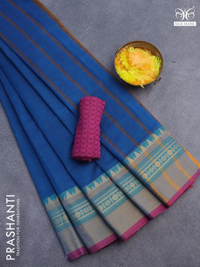 10 Yards chettinad cotton saree peacock blue and pink with plain body and thread woven simple border & woven blouse