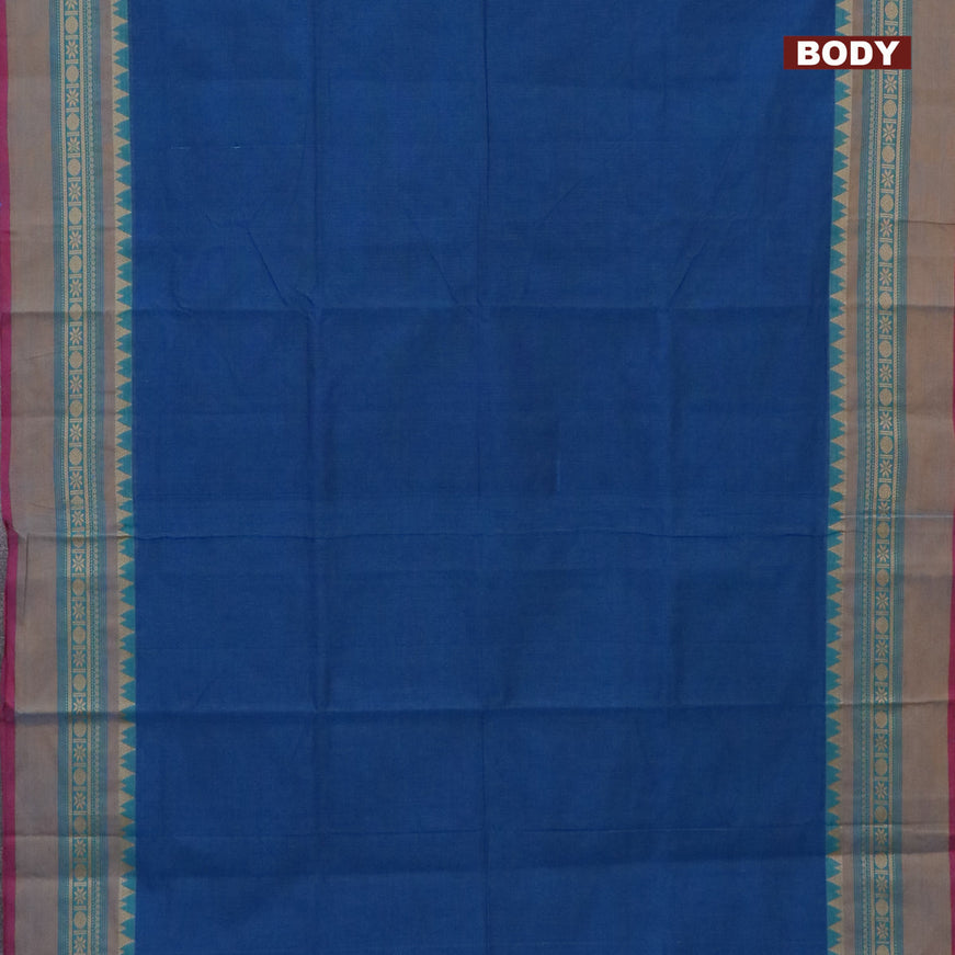 10 Yards chettinad cotton saree peacock blue and pink with plain body and thread woven simple border & woven blouse