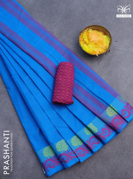 10 Yards chettinad cotton saree cs blue and pink with plain body and thread woven border & woven blouse