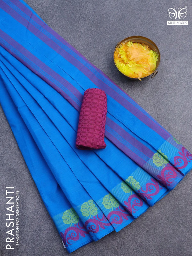 10 Yards chettinad cotton saree cs blue and pink with plain body and thread woven border & woven blouse