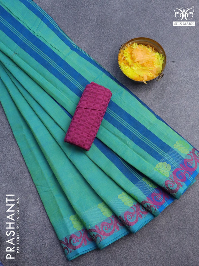 10 Yards chettinad cotton saree dual shade of teal bluish green and pink with plain body and thread woven border & woven blouse