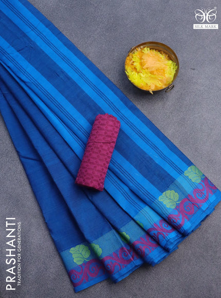 10 Yards chettinad cotton saree cs blue and pink with plain body and thread woven border & woven blouse