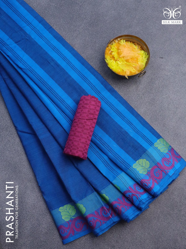 10 Yards chettinad cotton saree cs blue and pink with plain body and thread woven border & woven blouse