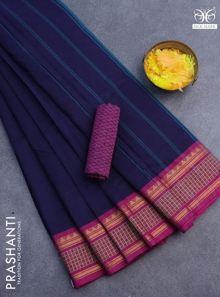 10 Yards chettinad cotton saree dark blue and magenta pink with plain body and zari woven border & woven blouse