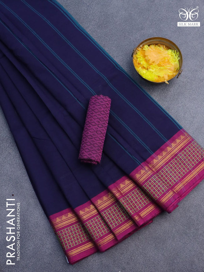 10 Yards chettinad cotton saree dark blue and magenta pink with plain body and zari woven border & woven blouse