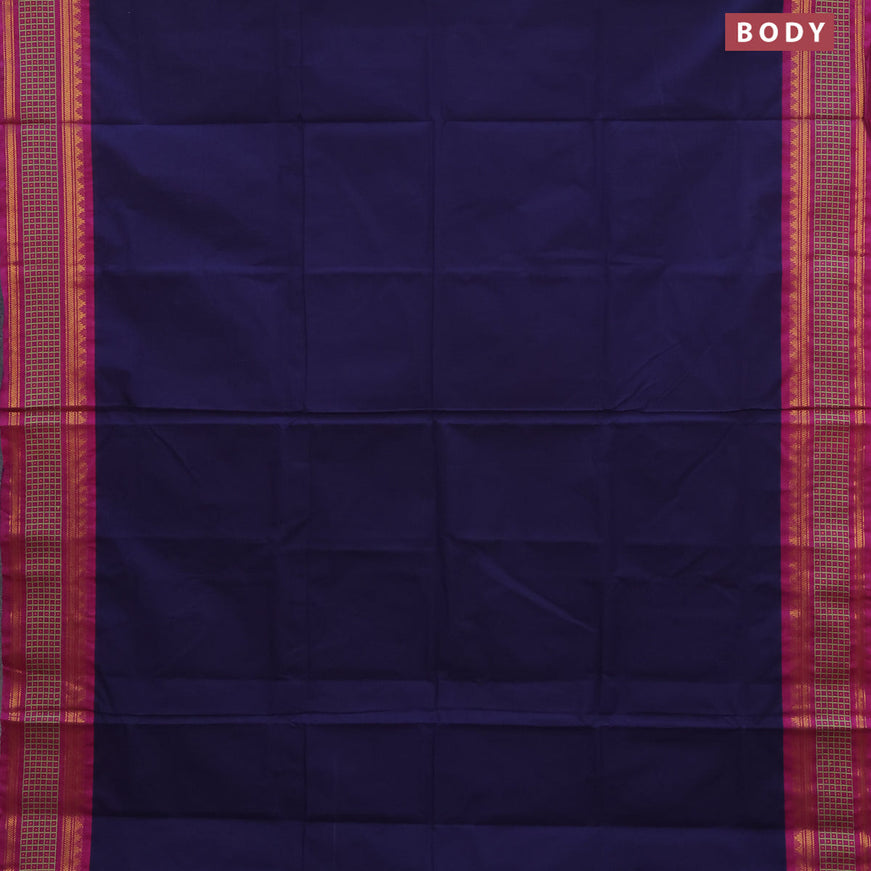 10 Yards chettinad cotton saree dark blue and magenta pink with plain body and zari woven border & woven blouse