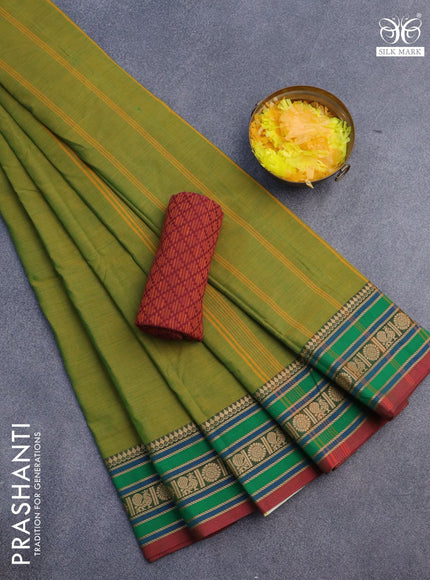 10 Yards chettinad cotton saree mehendi green and maroon with plain body and thread woven border & woven blouse