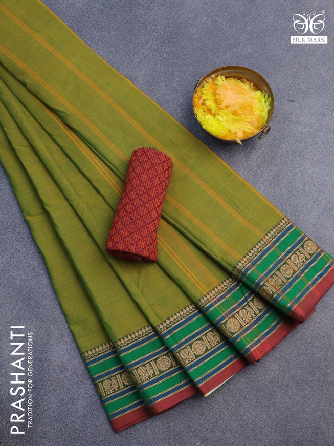 10 Yards chettinad cotton saree mehendi green and maroon with plain body and thread woven border & woven blouse