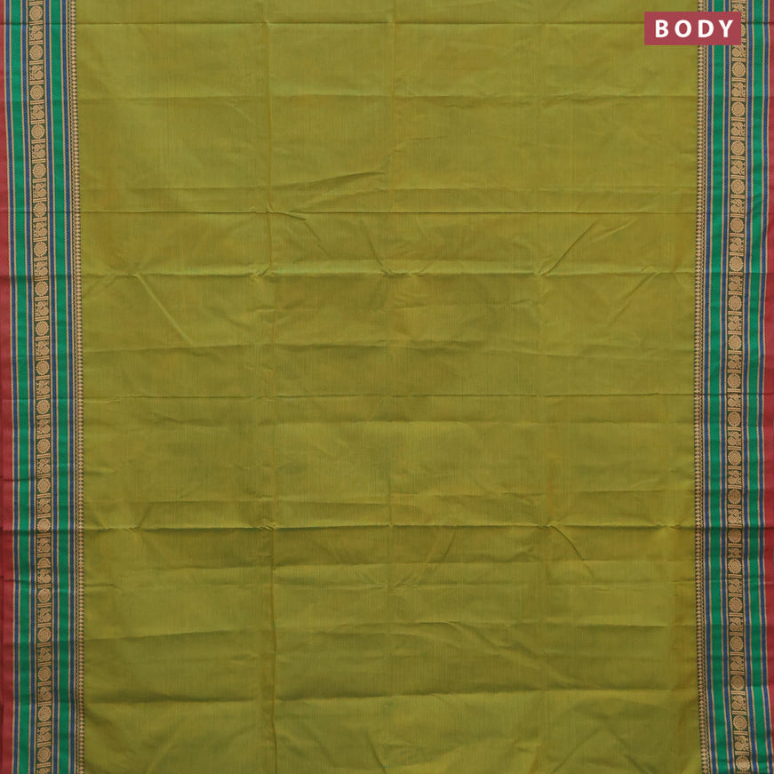 10 Yards chettinad cotton saree mehendi green and maroon with plain body and thread woven border & woven blouse