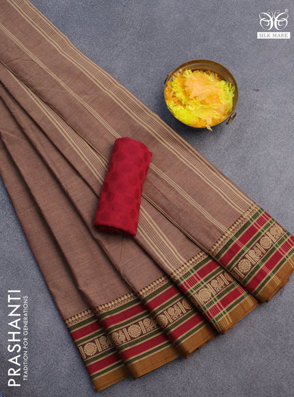 10 Yards chettinad cotton saree chikku shade and maroon with plain body and thread woven border & woven blouse