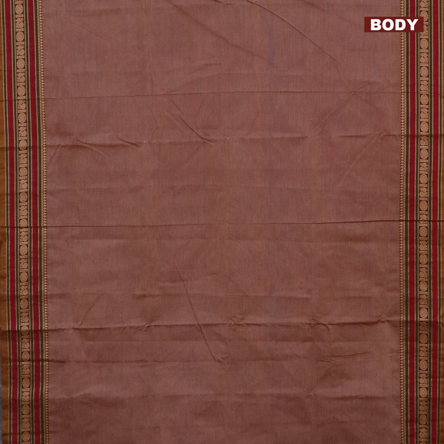 10 Yards chettinad cotton saree chikku shade and maroon with plain body and thread woven border & woven blouse