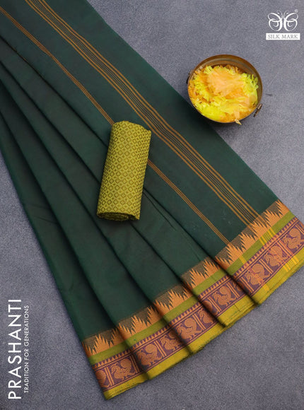 10 Yards chettinad cotton saree green and mustard shade with plain body and temple design thread woven border & woven blouse