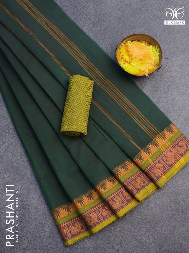 10 Yards chettinad cotton saree green and mustard shade with plain body and temple design thread woven border & woven blouse