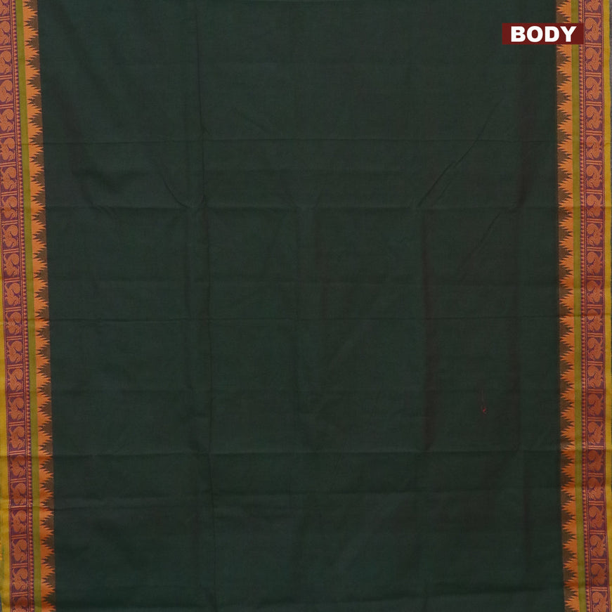 10 Yards chettinad cotton saree green and mustard shade with plain body and temple design thread woven border & woven blouse