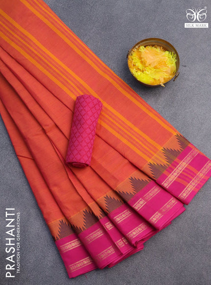 10 Yards chettinad cotton saree dual shade of pinkish orange and pink with plain body and temple design rettapet zari woven border & woven blouse