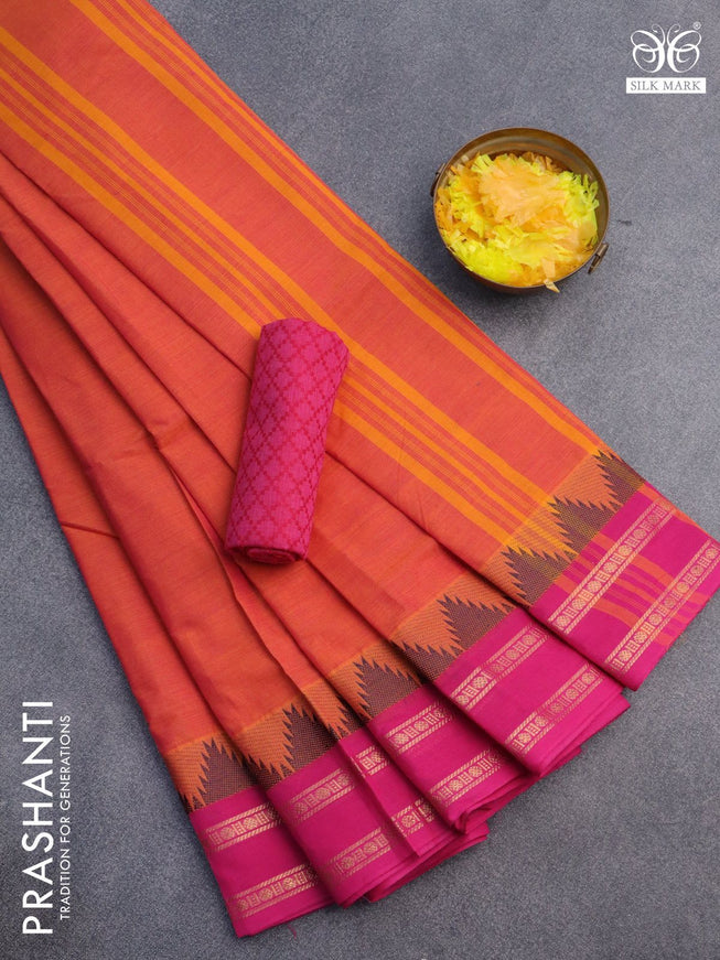 10 Yards chettinad cotton saree dual shade of pinkish orange and pink with plain body and temple design rettapet zari woven border & woven blouse