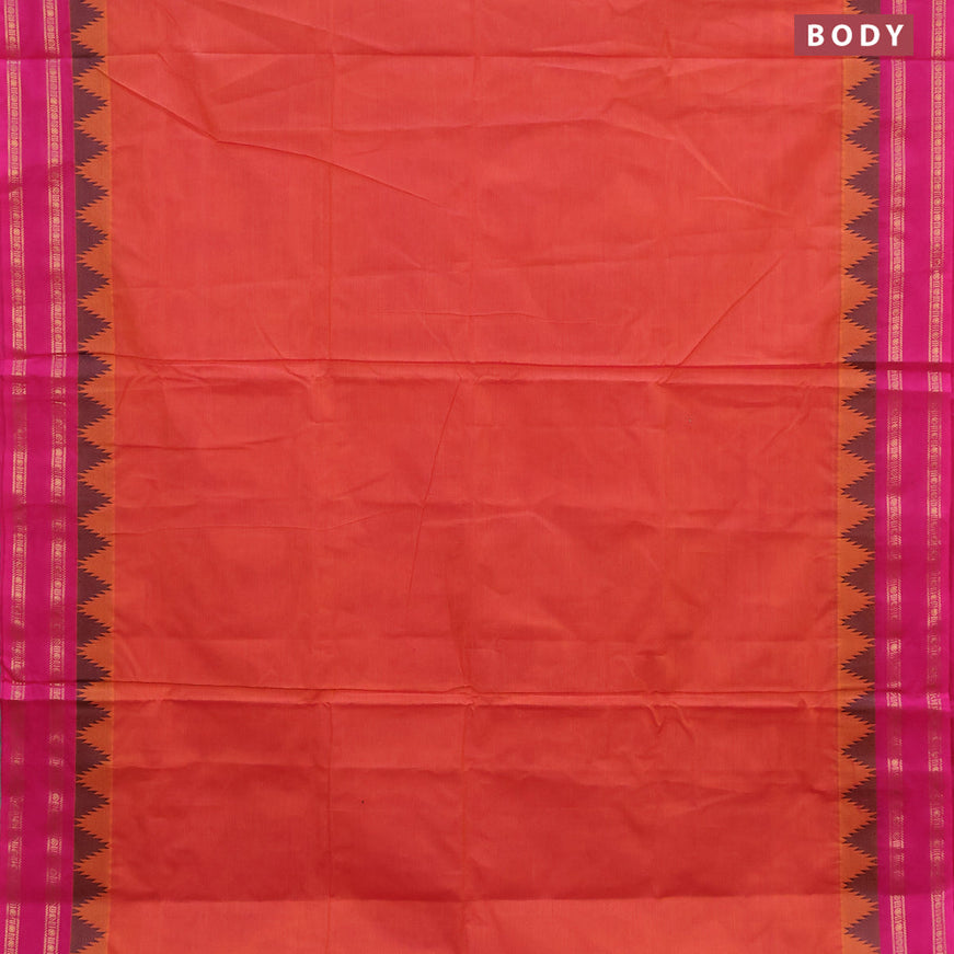 10 Yards chettinad cotton saree dual shade of pinkish orange and pink with plain body and temple design rettapet zari woven border & woven blouse