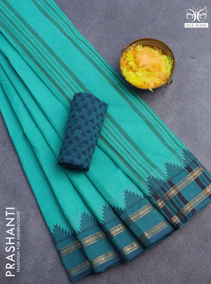 10 Yards chettinad cotton saree teal shade and blue with plain body and temple design rettapet zari woven border & woven blouse