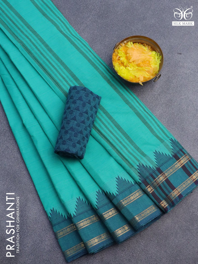 10 Yards chettinad cotton saree teal shade and blue with plain body and temple design rettapet zari woven border & woven blouse