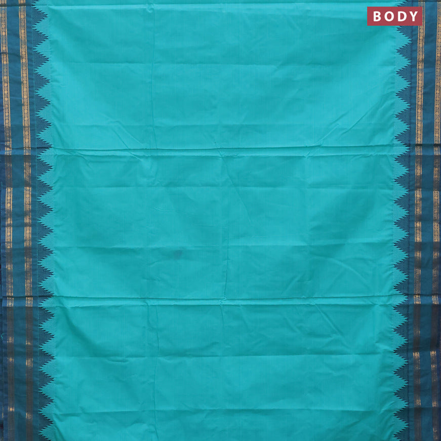 10 Yards chettinad cotton saree teal shade and blue with plain body and temple design rettapet zari woven border & woven blouse