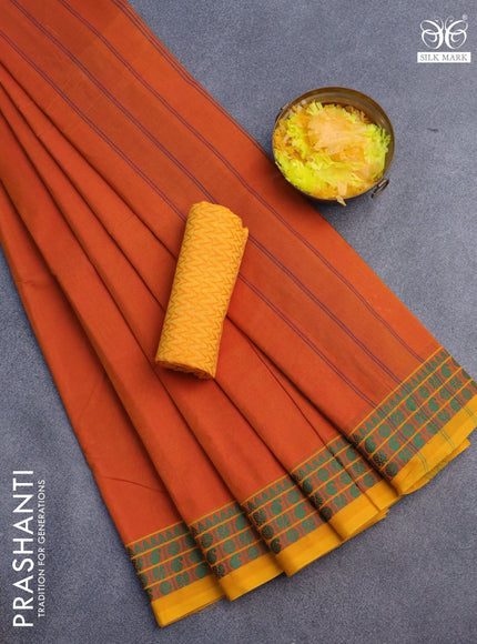 10 Yards chettinad cotton saree orange and mango yellow with plain body and thread woven border & woven blouse