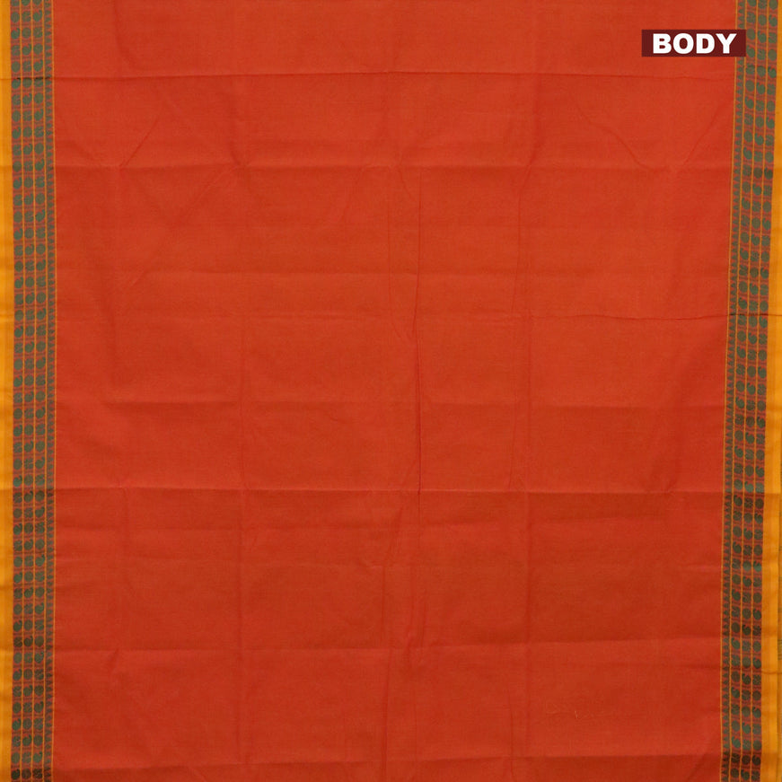 10 Yards chettinad cotton saree orange and mango yellow with plain body and thread woven border & woven blouse