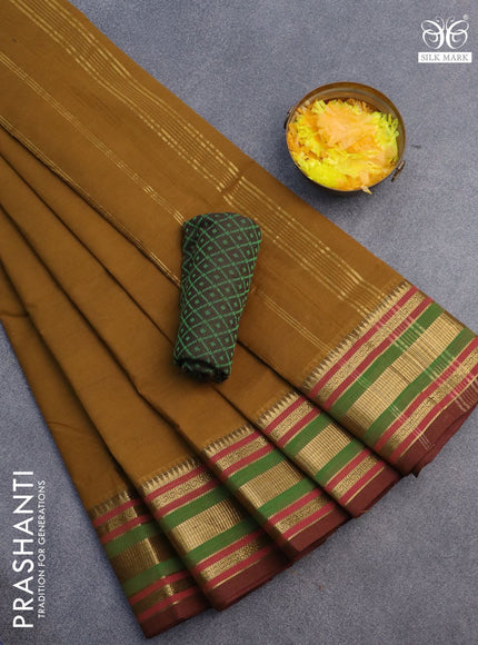 10 Yards chettinad cotton saree dark mustard and brown with plain body and zari woven border & woven blouse