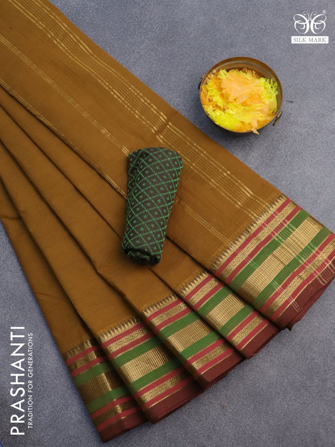 10 Yards chettinad cotton saree dark mustard and brown with plain body and zari woven border & woven blouse