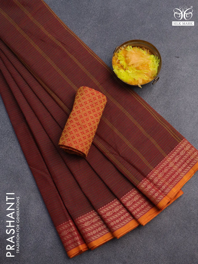 10 Yards chettinad cotton saree maroon and mustard yellow with allover stripes pattern and thread woven border & woven blouse