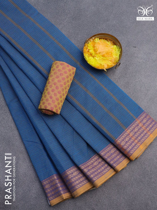 10 Yards chettinad cotton saree peacock blue and mustard with allover stripes pattern and thread woven border & woven blouse