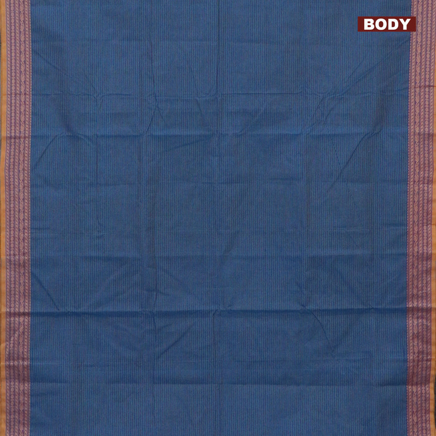 10 Yards chettinad cotton saree peacock blue and mustard with allover stripes pattern and thread woven border & woven blouse