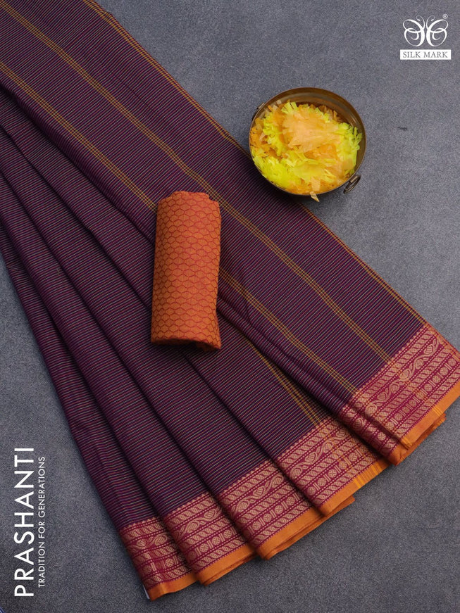 10 Yards chettinad cotton saree deep purple and mustard with allover stripes pattern and thread woven border & woven blouse