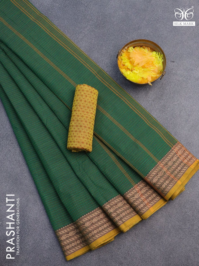 10 Yards chettinad cotton saree green and mustard with allover stripes pattern and thread woven border & woven blouse