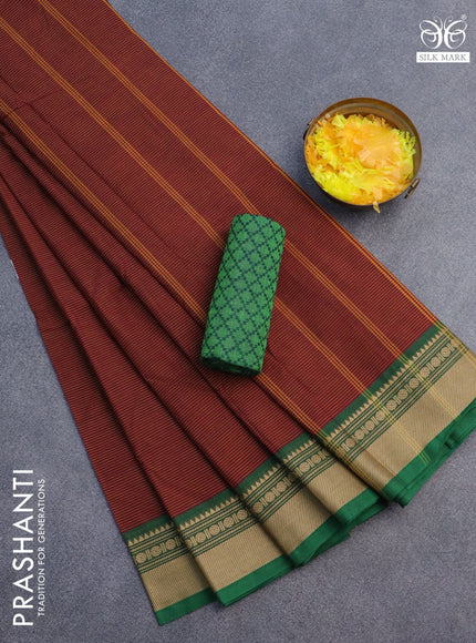 10 Yards chettinad cotton saree maroon and green with allover stripes pattern and thread woven border & woven blouse