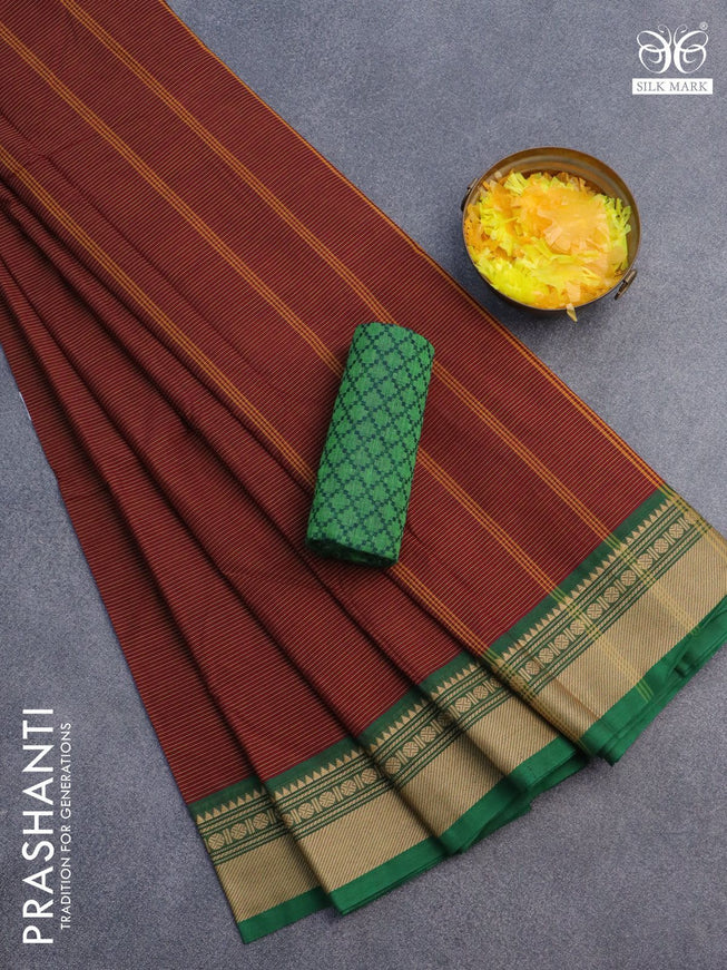 10 Yards chettinad cotton saree maroon and green with allover stripes pattern and thread woven border & woven blouse