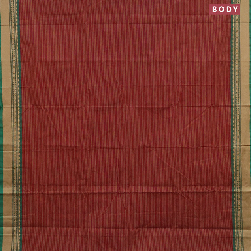 10 Yards chettinad cotton saree maroon and green with allover stripes pattern and thread woven border & woven blouse