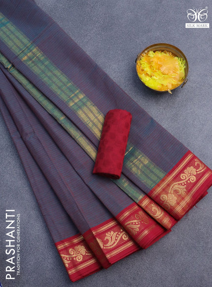 10 Yards chettinad cotton saree dual shade of teal green and maroon with allover stripes pattern and zari woven border & woven blouse