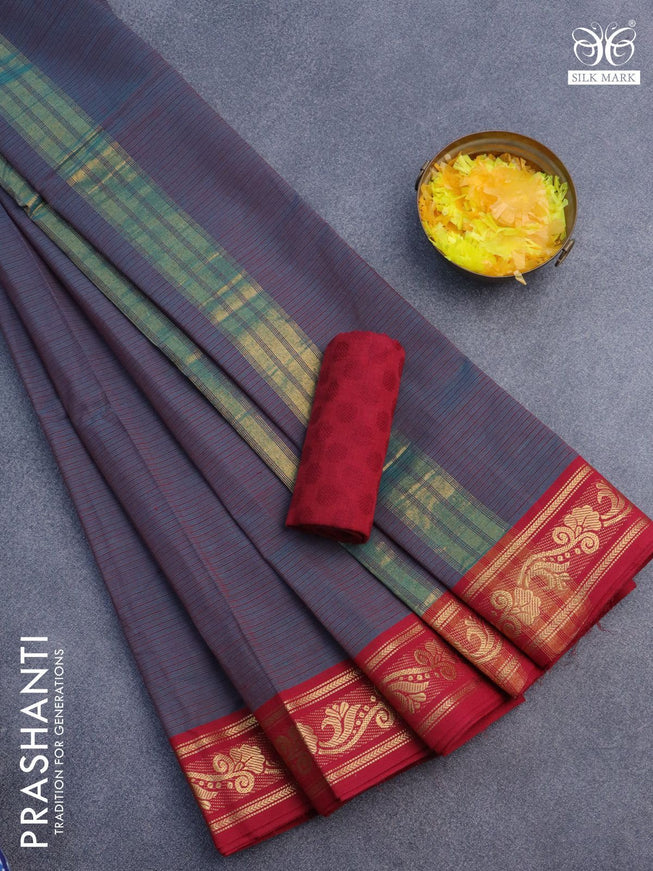 10 Yards chettinad cotton saree dual shade of teal green and maroon with allover stripes pattern and zari woven border & woven blouse