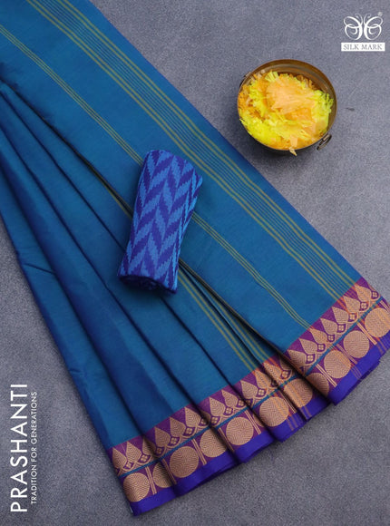 10 Yards chettinad cotton saree dual shade of bluish green and blue with plain body and thread woven border & woven blouse