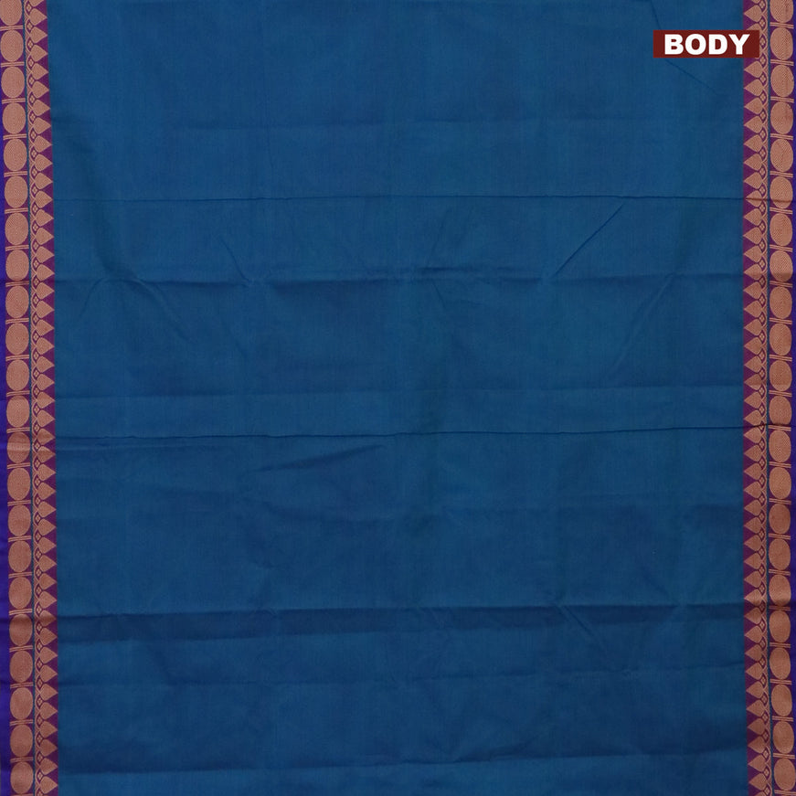 10 Yards chettinad cotton saree dual shade of bluish green and blue with plain body and thread woven border & woven blouse